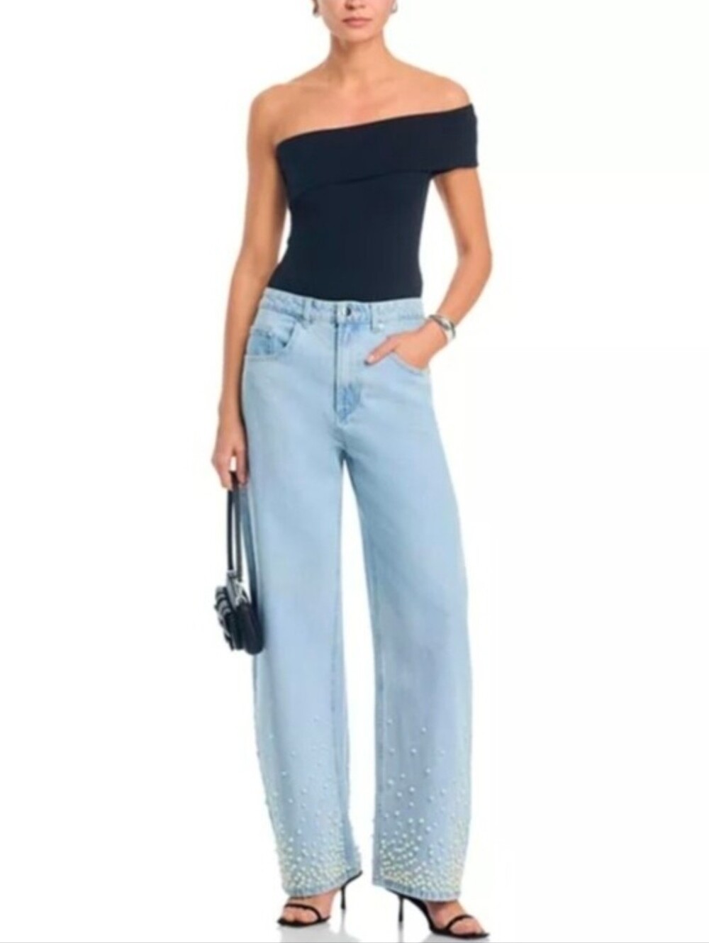 NWT Aqua Light Blue Wide-Leg Jeans Pearl Embellished Hem High-Rise Jeans 26